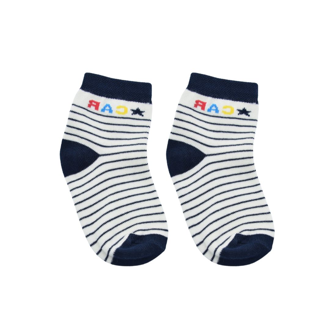 Navy Blue & White Striped Baby Socks – Soft Cotton with Fun “CAR” Design