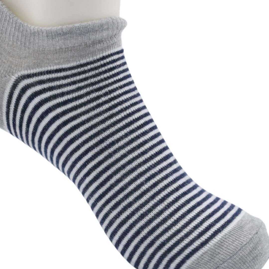 Unisex Low-Cut Ankle Socks – Grey with Navy Blue Stripes