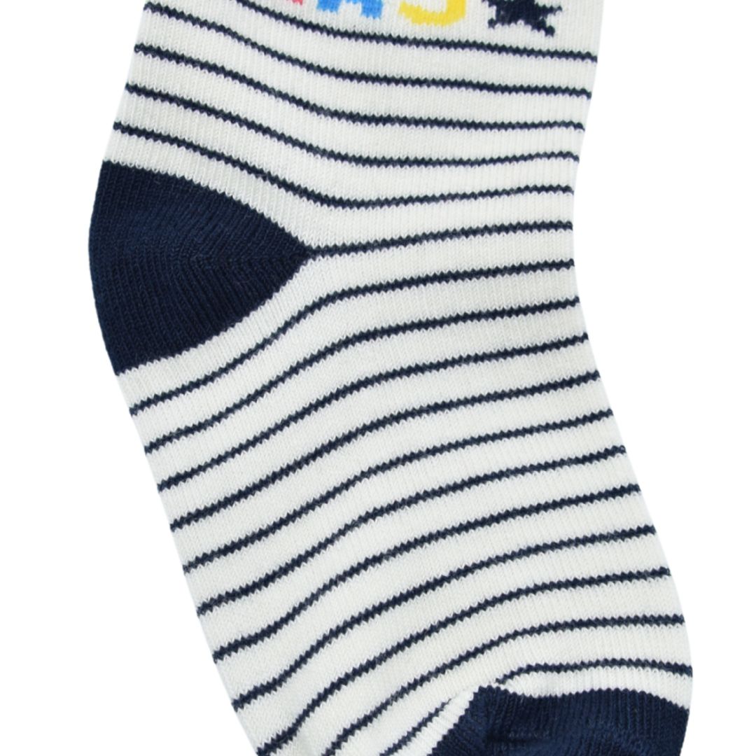Navy Blue & White Striped Baby Socks – Soft Cotton with Fun “CAR” Design
