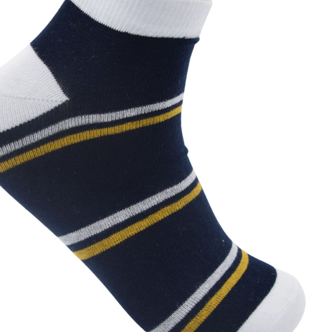 Men’s Ankle-Length Striped Socks – Navy Blue with White & Yellow Accents